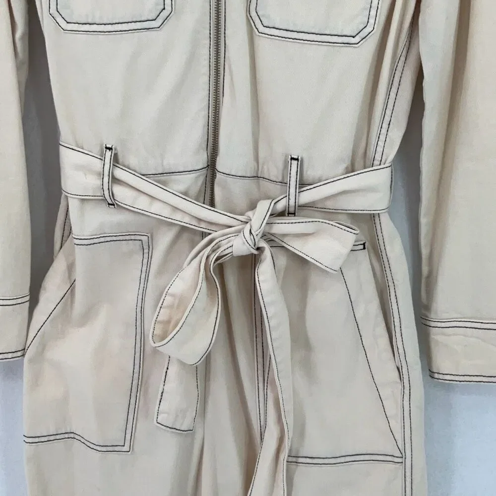 Zara Beige Cotton Linen Blend Boiler Suit Pockets Denim Utility Jumpsuit Small